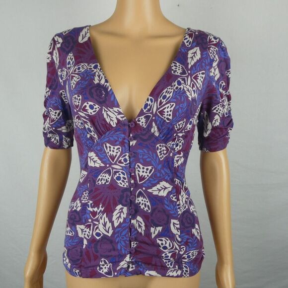 Free People Hollywood Top Deep V Neck Button Front Floral Boho Purple Small - Picture 1 of 8